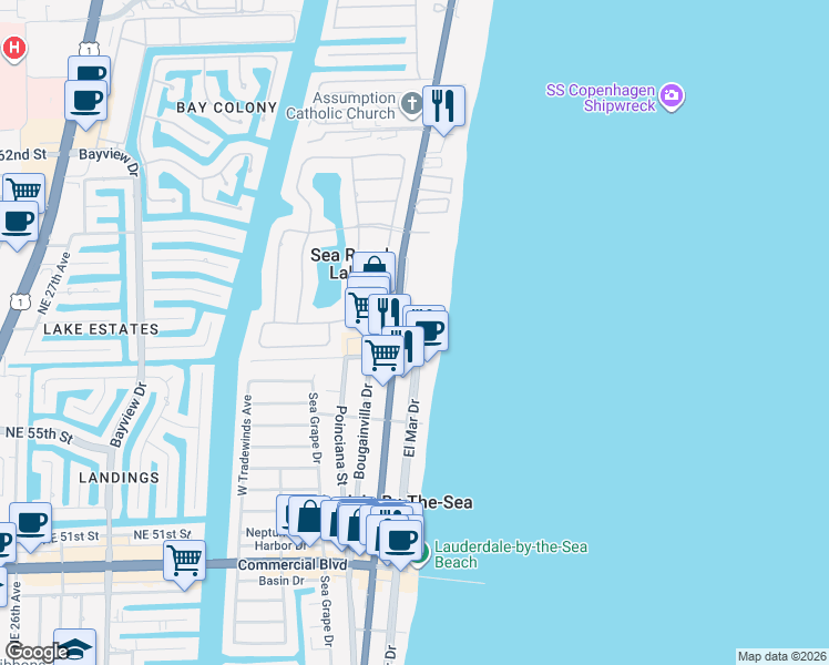 map of restaurants, bars, coffee shops, grocery stores, and more near 4900 North Ocean Boulevard in Lauderdale-by-the-Sea
