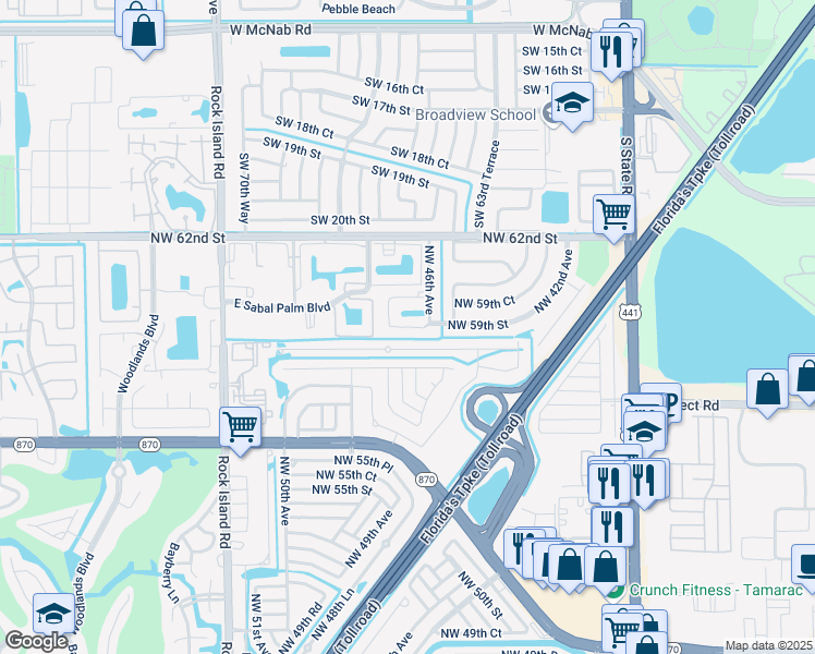 map of restaurants, bars, coffee shops, grocery stores, and more near 4653 Northwest 58th Court in Tamarac