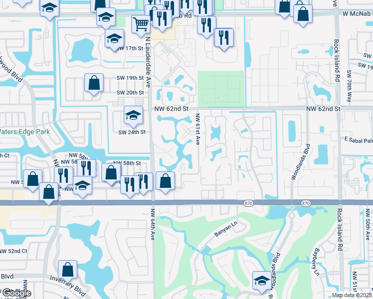 map of restaurants, bars, coffee shops, grocery stores, and more near 5851 Northwest 62nd Avenue in Tamarac