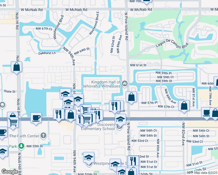 map of restaurants, bars, coffee shops, grocery stores, and more near 5900 Royal Way in Tamarac