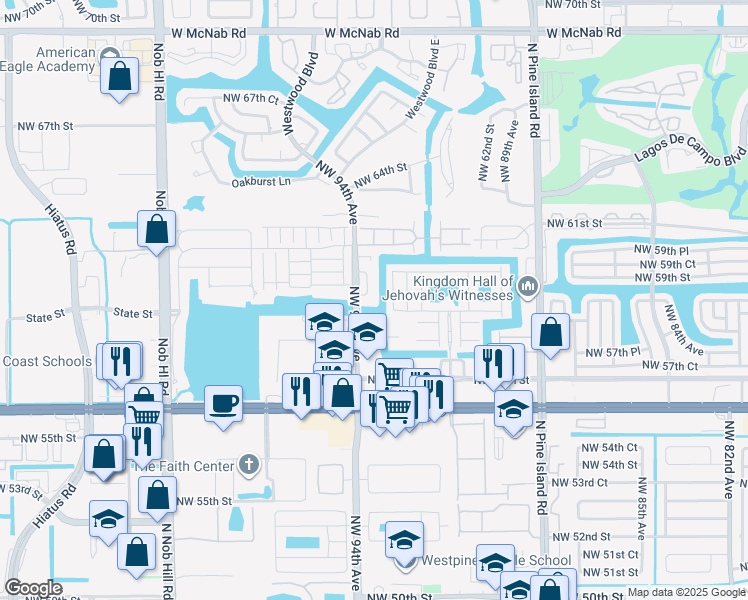 map of restaurants, bars, coffee shops, grocery stores, and more near 5910 Northwest 93rd Terrace in Tamarac