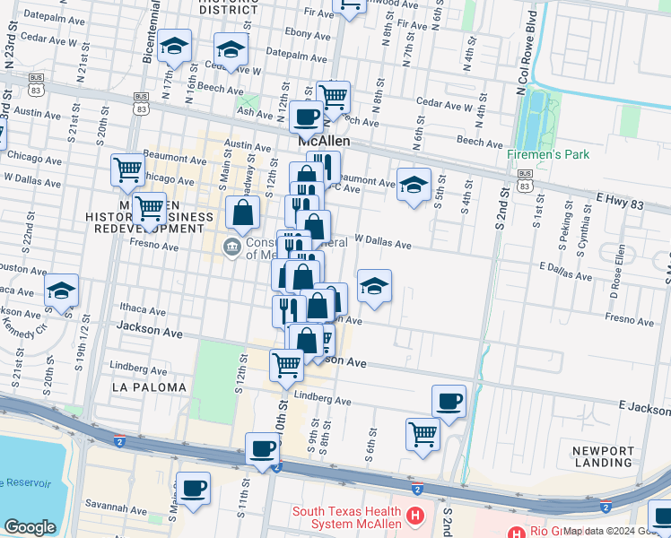 map of restaurants, bars, coffee shops, grocery stores, and more near 601 South 9th Street in McAllen