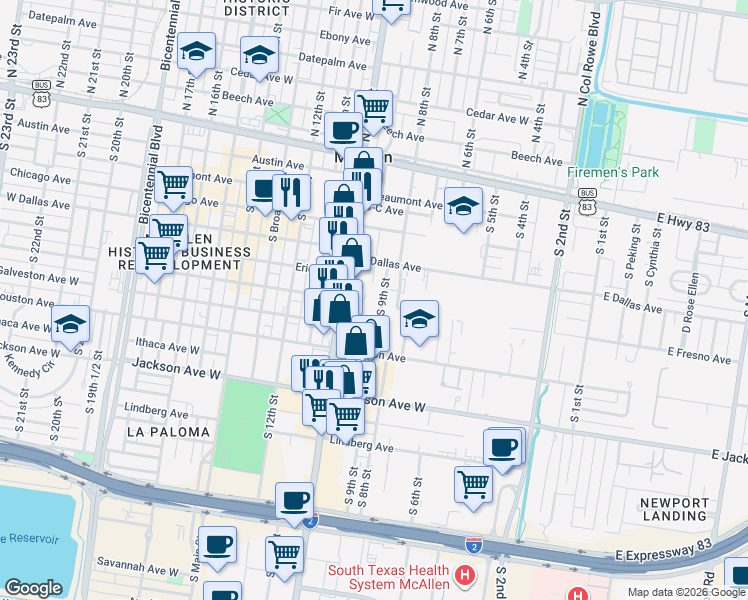 map of restaurants, bars, coffee shops, grocery stores, and more near 601 South 9th Street in McAllen