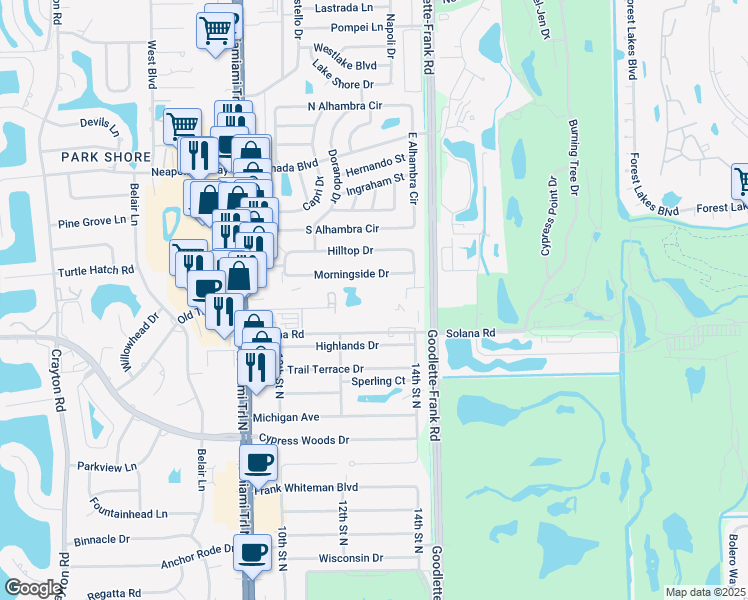 map of restaurants, bars, coffee shops, grocery stores, and more near 1357 Solana Road in Naples