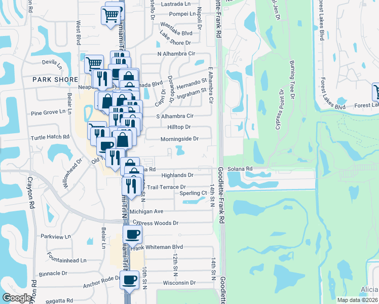 map of restaurants, bars, coffee shops, grocery stores, and more near 1357 Solana Road in Naples