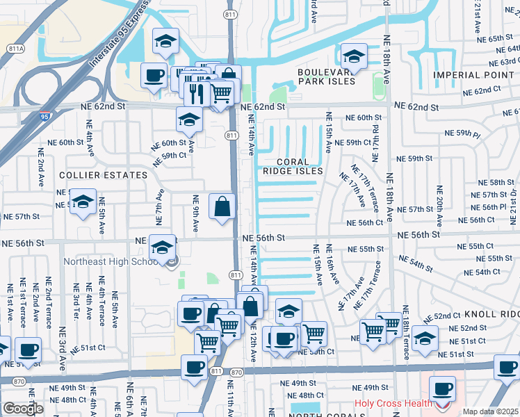 map of restaurants, bars, coffee shops, grocery stores, and more near 1400 Northeast 57th Street in Fort Lauderdale