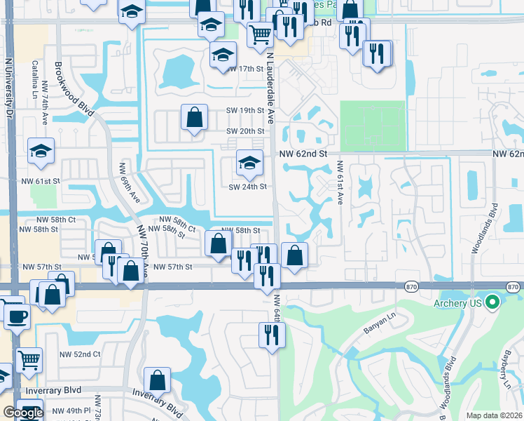 map of restaurants, bars, coffee shops, grocery stores, and more near 8140 Southwest 24th Street in North Lauderdale