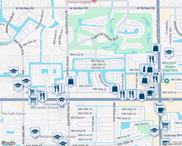 map of restaurants, bars, coffee shops, grocery stores, and more near 5803 Northwest 84th Terrace in Tamarac