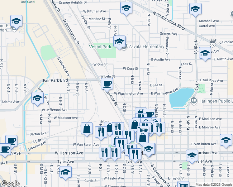 map of restaurants, bars, coffee shops, grocery stores, and more near 499 West Washington Avenue in Harlingen