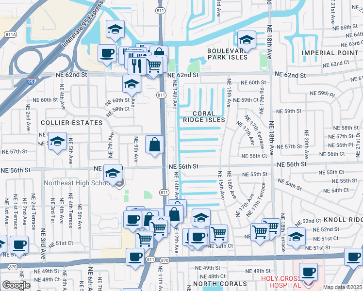 map of restaurants, bars, coffee shops, grocery stores, and more near 5691 Northeast 14th Avenue in Fort Lauderdale