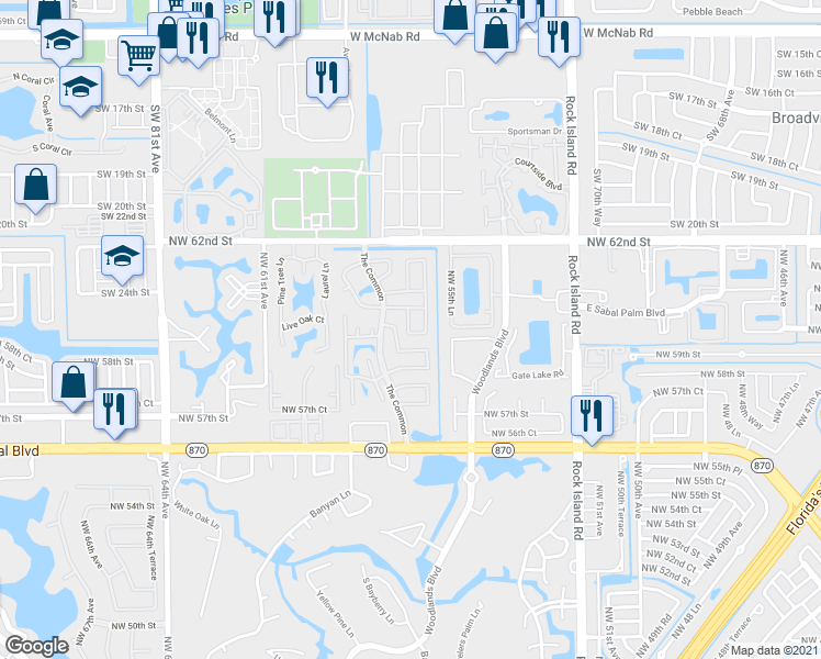 map of restaurants, bars, coffee shops, grocery stores, and more near 2 The Common in Tamarac