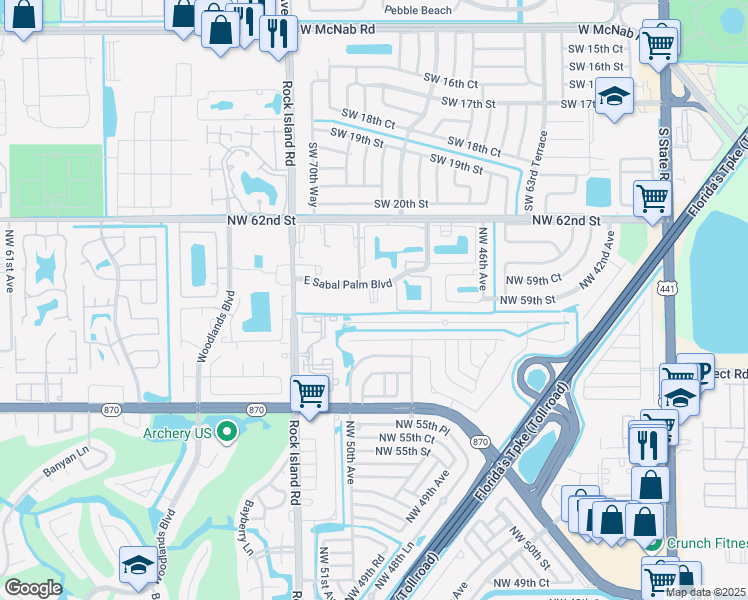 map of restaurants, bars, coffee shops, grocery stores, and more near 4980 East Sabal Palm Boulevard in Tamarac