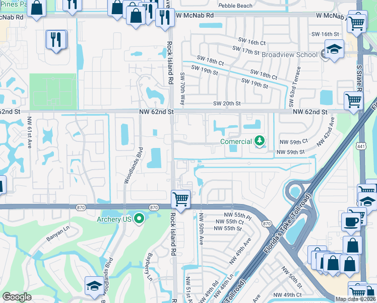 map of restaurants, bars, coffee shops, grocery stores, and more near 5180 East Sabal Palm Boulevard in Tamarac