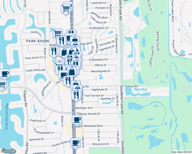 map of restaurants, bars, coffee shops, grocery stores, and more near 1210 Shady Rest Lane in Naples
