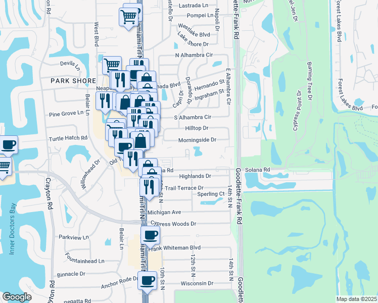 map of restaurants, bars, coffee shops, grocery stores, and more near 1210 Shady Rest Lane in Naples