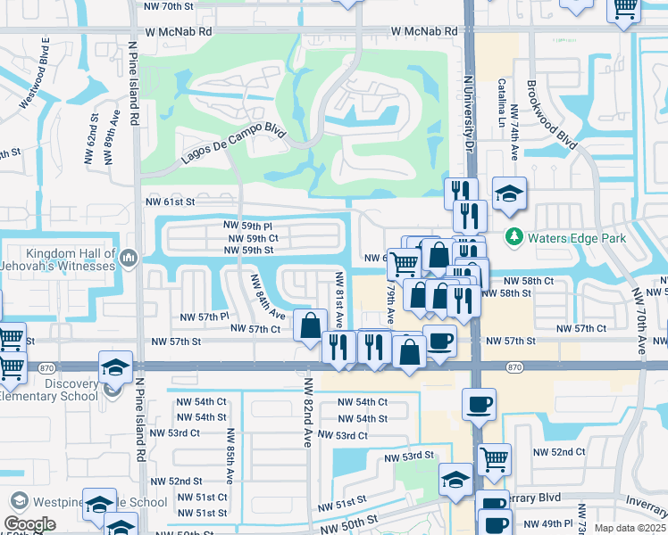 map of restaurants, bars, coffee shops, grocery stores, and more near 8103 Northwest 58th Court in Tamarac