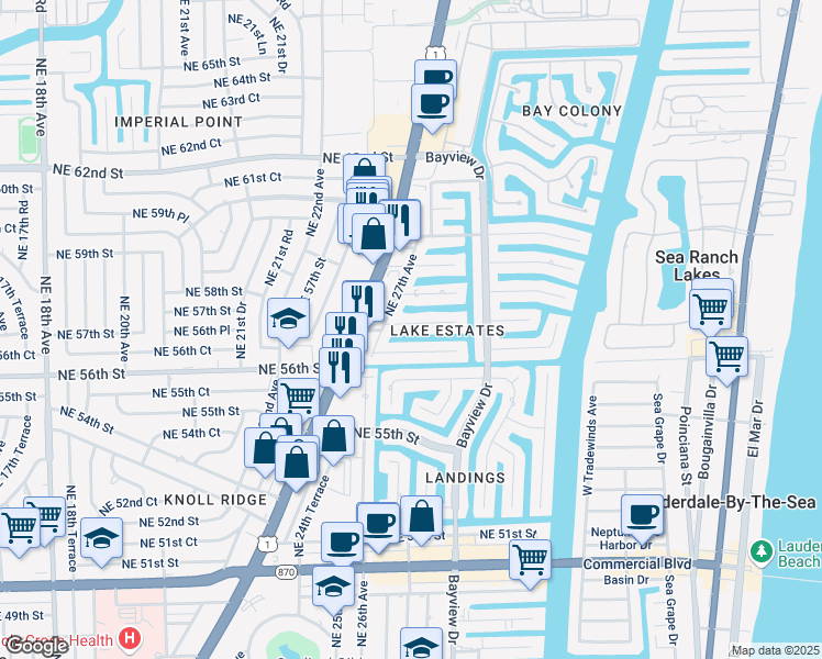 map of restaurants, bars, coffee shops, grocery stores, and more near 2741 Northeast 56th Court in Fort Lauderdale