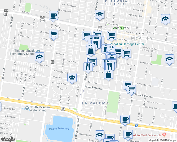 map of restaurants, bars, coffee shops, grocery stores, and more near 701 Bicentennial Boulevard in McAllen