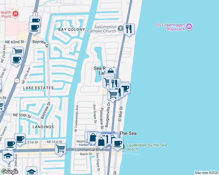 map of restaurants, bars, coffee shops, grocery stores, and more near 4705 Bougainvilla Drive in Sea Ranch Lakes