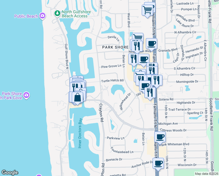 map of restaurants, bars, coffee shops, grocery stores, and more near 4042 Crayton Road in Naples