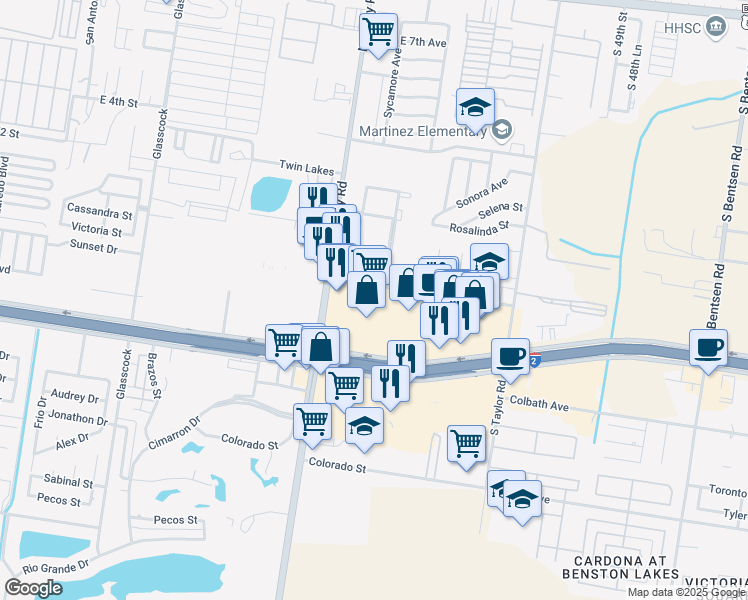 map of restaurants, bars, coffee shops, grocery stores, and more near 2409 East Expressway 83 in Mission