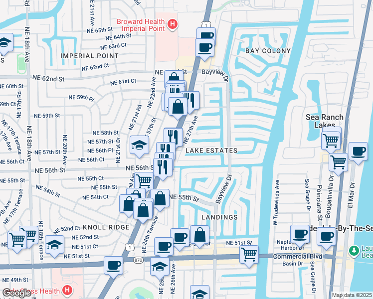map of restaurants, bars, coffee shops, grocery stores, and more near 2741 Northeast 56th Court in Fort Lauderdale