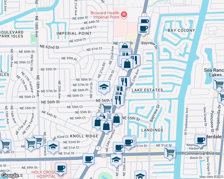 map of restaurants, bars, coffee shops, grocery stores, and more near 2250 Northeast 56th Place in Fort Lauderdale
