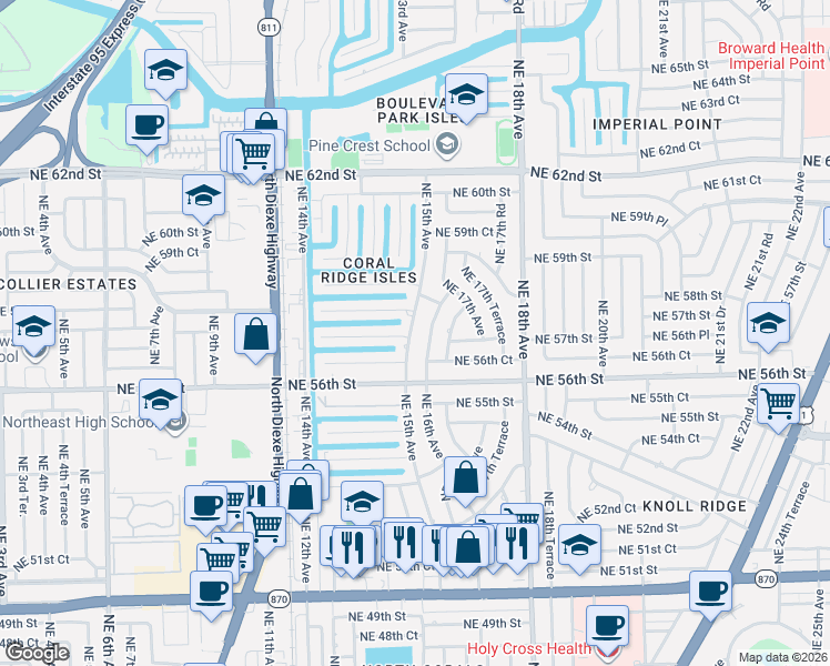 map of restaurants, bars, coffee shops, grocery stores, and more near 5641 Northeast 16th Avenue in Fort Lauderdale