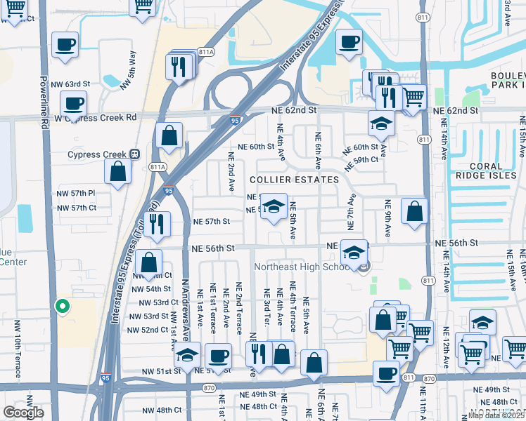 map of restaurants, bars, coffee shops, grocery stores, and more near 345 Northeast 56th Street in Fort Lauderdale