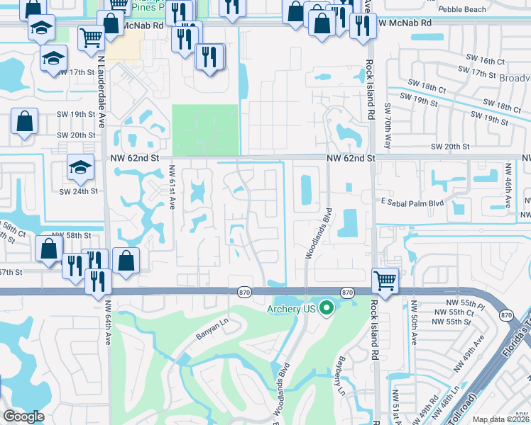 map of restaurants, bars, coffee shops, grocery stores, and more near 2 The Common in Tamarac
