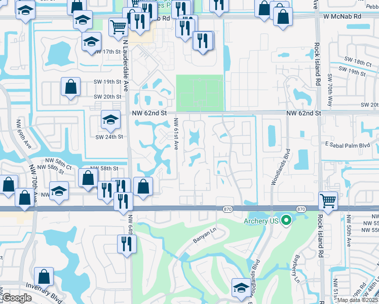 map of restaurants, bars, coffee shops, grocery stores, and more near 6181 Laurel Lane in Tamarac