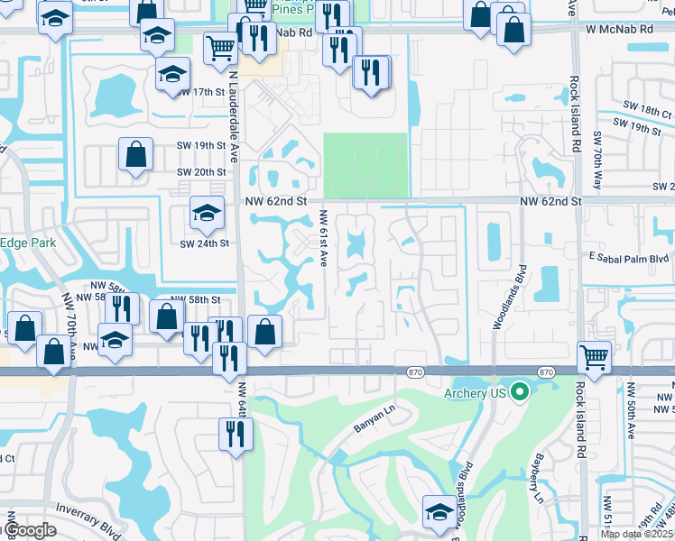 map of restaurants, bars, coffee shops, grocery stores, and more near 6181 Pine Tree Lane in Tamarac