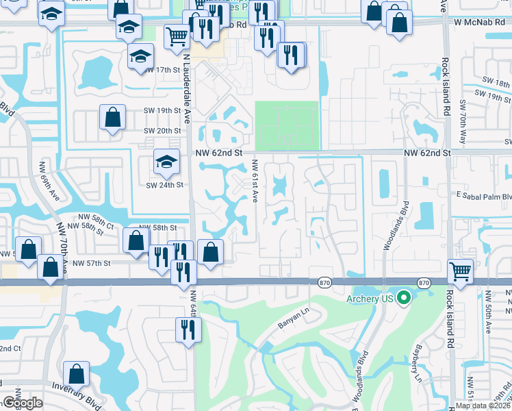 map of restaurants, bars, coffee shops, grocery stores, and more near 6179D Pine Tree Lane in Tamarac