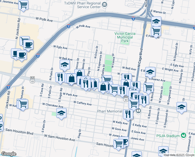 map of restaurants, bars, coffee shops, grocery stores, and more near 511 West Clark Avenue in Pharr
