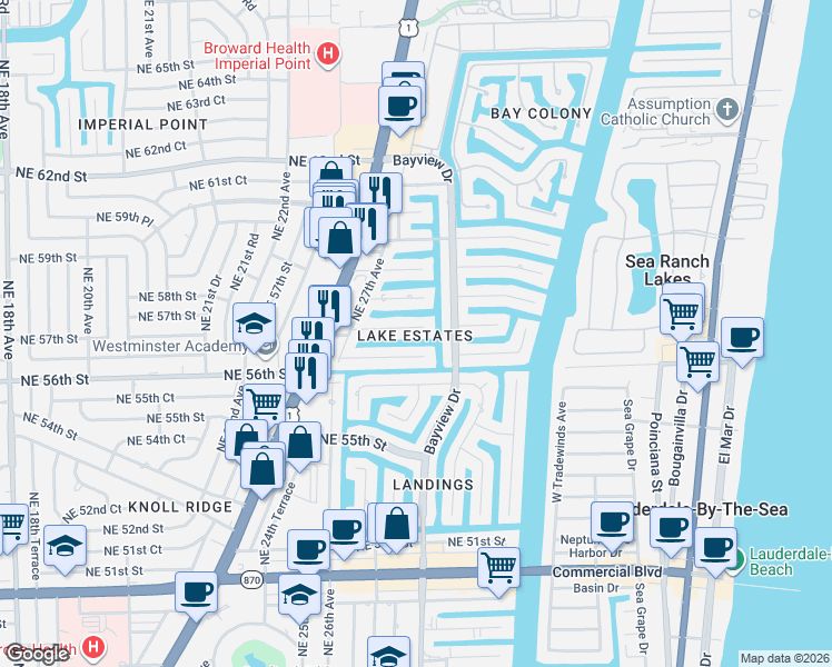 map of restaurants, bars, coffee shops, grocery stores, and more near 2801 Northeast 56th Court in Fort Lauderdale