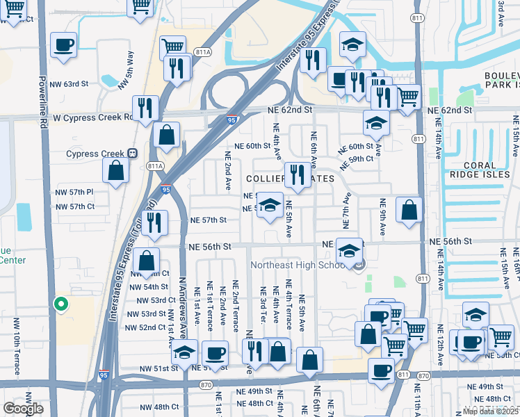 map of restaurants, bars, coffee shops, grocery stores, and more near 345 Northeast 56th Street in Fort Lauderdale