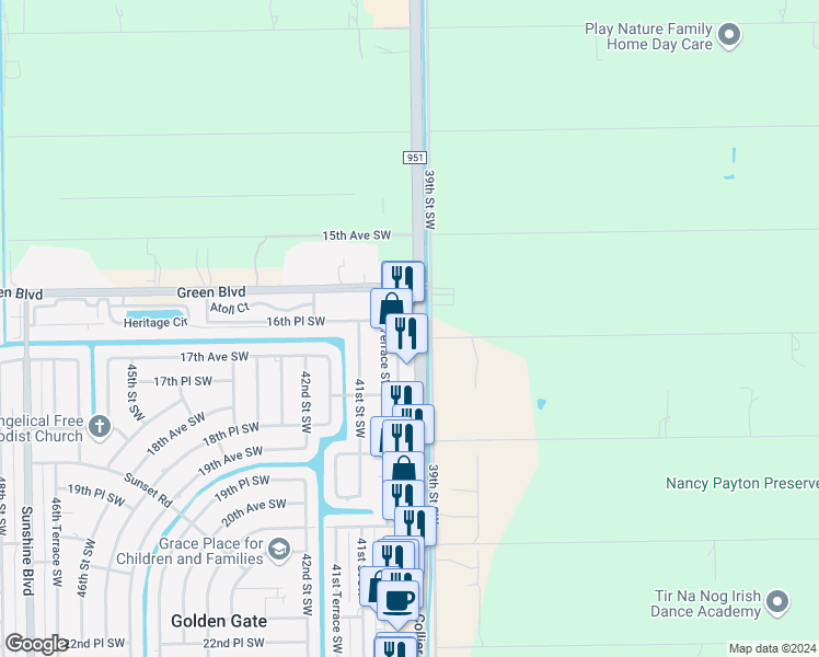 map of restaurants, bars, coffee shops, grocery stores, and more near 12535 Collier Boulevard in Naples