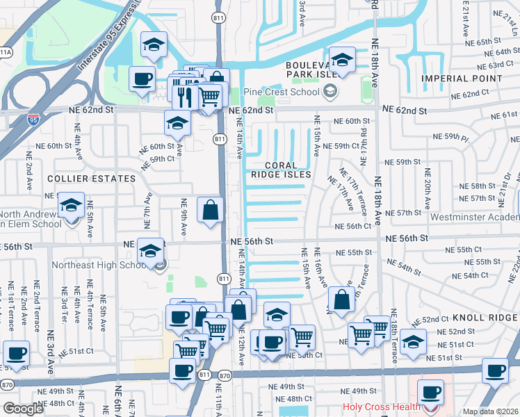 map of restaurants, bars, coffee shops, grocery stores, and more near 1417 Northeast 56th Court in Fort Lauderdale
