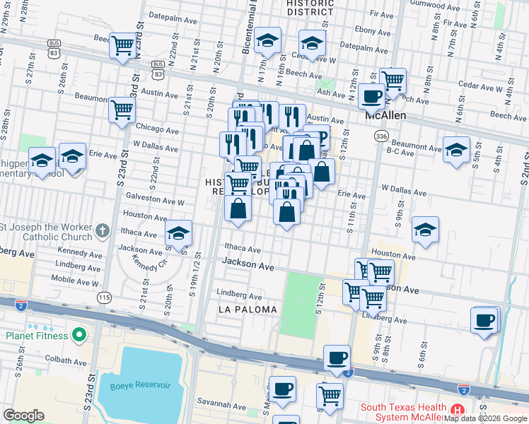 map of restaurants, bars, coffee shops, grocery stores, and more near 713 South 16th Street in McAllen