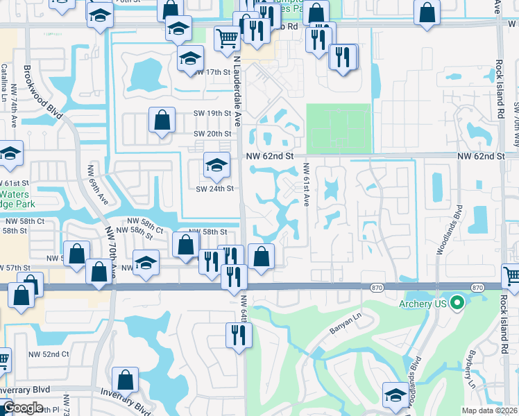 map of restaurants, bars, coffee shops, grocery stores, and more near 5830 Northwest 64th Avenue in Tamarac