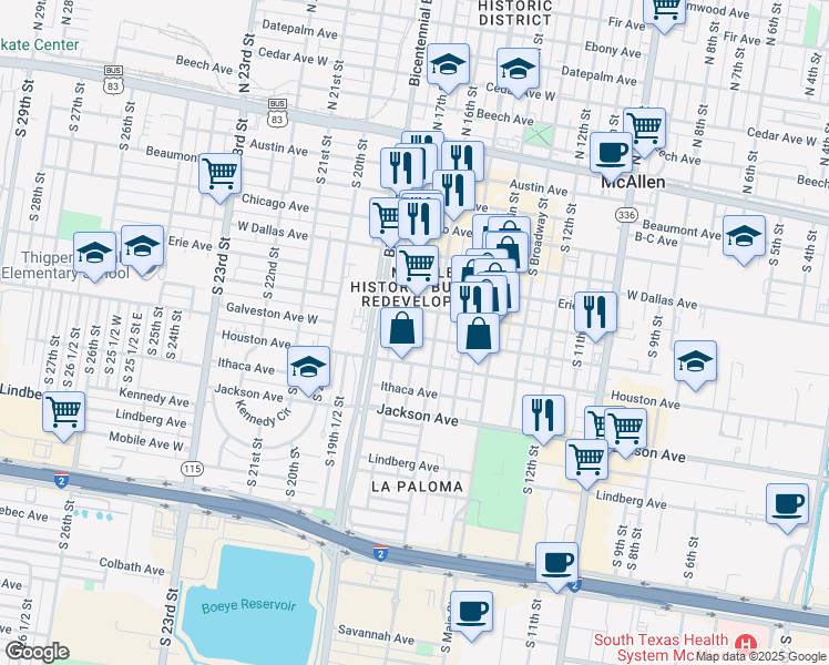 map of restaurants, bars, coffee shops, grocery stores, and more near 713 South 16th Street in McAllen