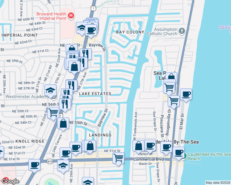 map of restaurants, bars, coffee shops, grocery stores, and more near 3111 Northeast 56th Court in Fort Lauderdale
