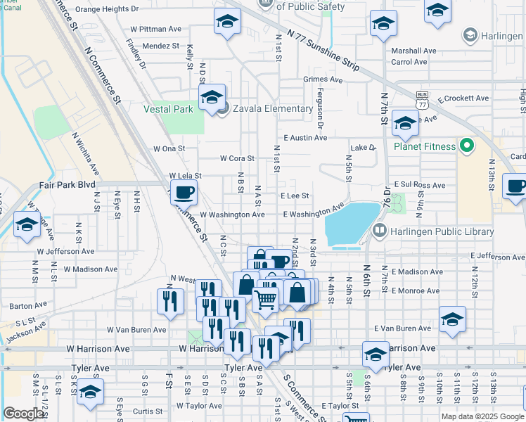map of restaurants, bars, coffee shops, grocery stores, and more near 514 N A St in Harlingen