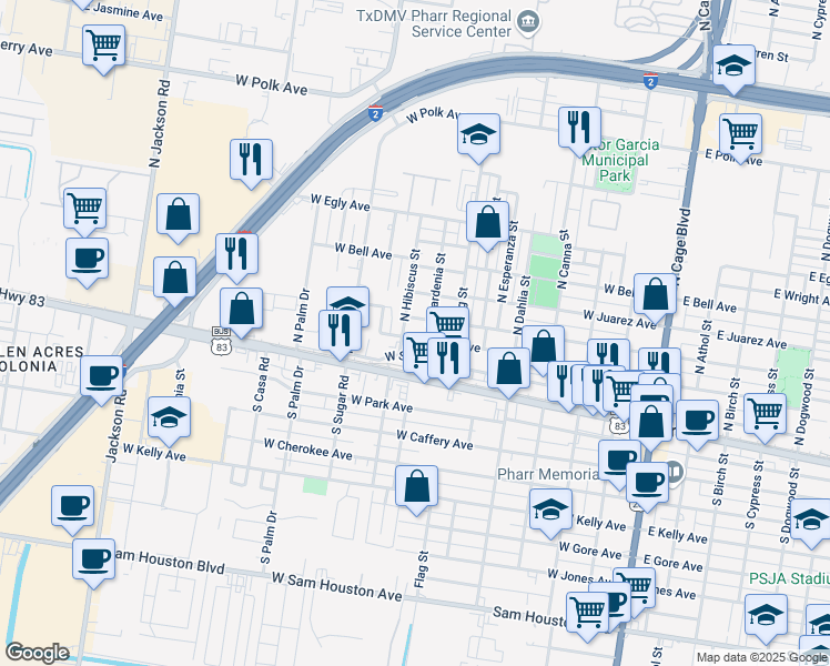 map of restaurants, bars, coffee shops, grocery stores, and more near 806 West State Avenue in Pharr
