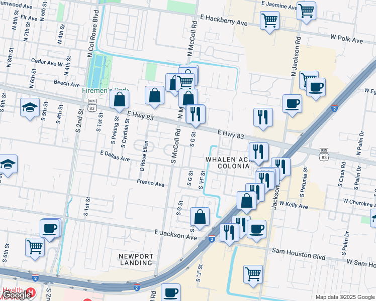 map of restaurants, bars, coffee shops, grocery stores, and more near 300 South G Street in McAllen
