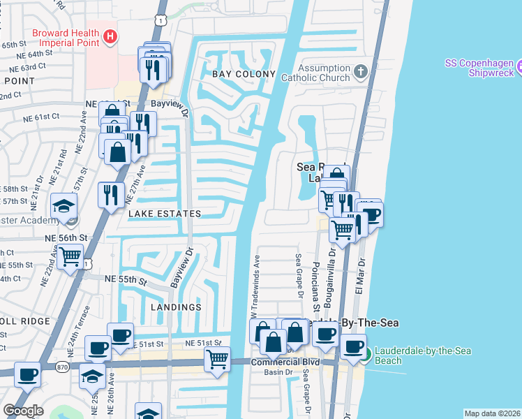 map of restaurants, bars, coffee shops, grocery stores, and more near 34 Minnetonka Road in Sea Ranch Lakes