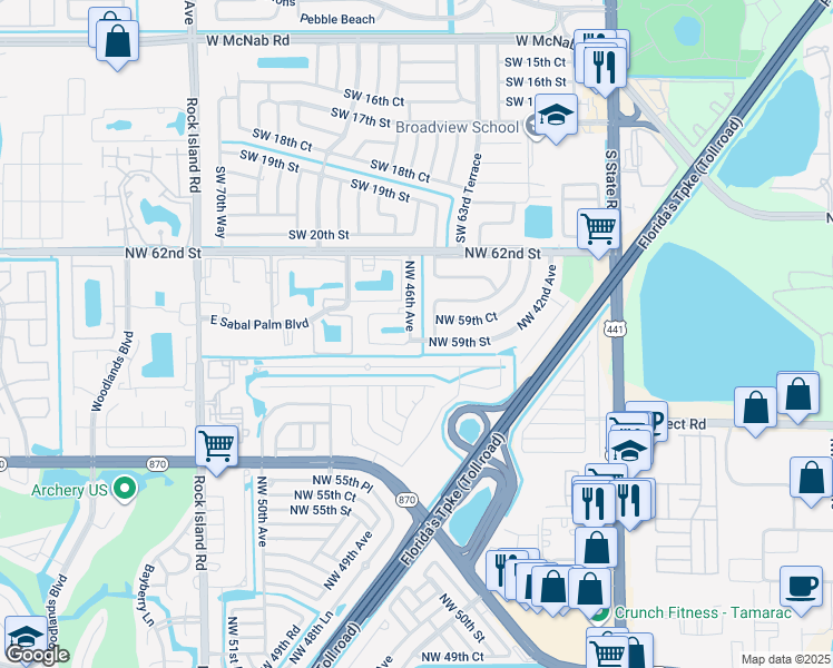 map of restaurants, bars, coffee shops, grocery stores, and more near 5900 Northwest 46th Avenue in Tamarac