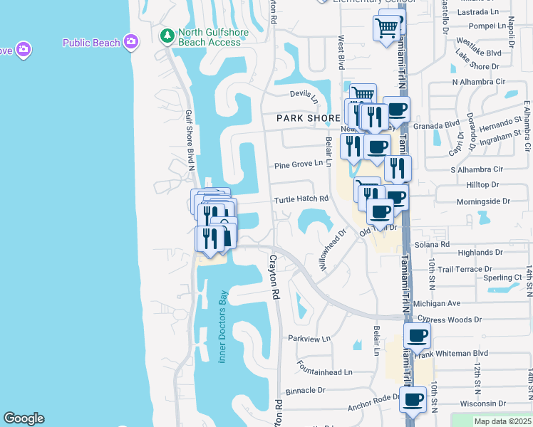 map of restaurants, bars, coffee shops, grocery stores, and more near 4155 Crayton Road in Naples