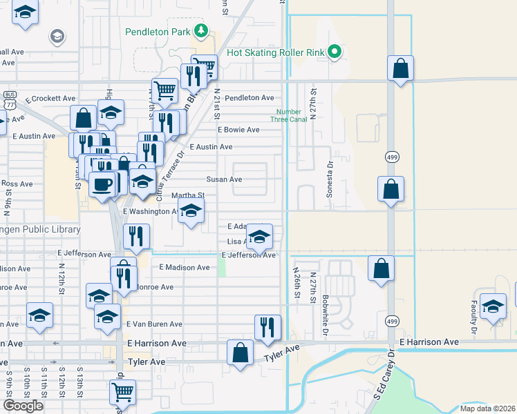 map of restaurants, bars, coffee shops, grocery stores, and more near 2316-2320 South Whitehouse Circle in Harlingen