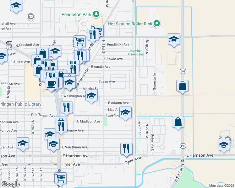 map of restaurants, bars, coffee shops, grocery stores, and more near 2207 South Whitehouse Circle in Harlingen